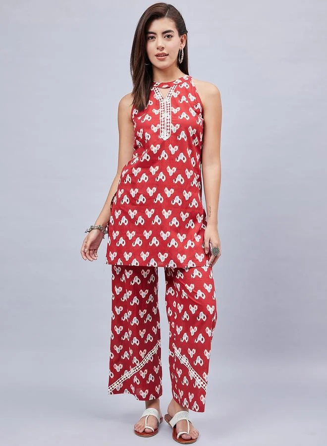 WineRed طقم بلوزة طويلة مطبوعة وبنطال